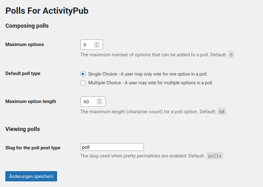 Admin settings for the Polls For ActivityPub WordPress plugin.

Settings for: Maximum options, Default poll type, maximum option length and the slug for the poll post type.